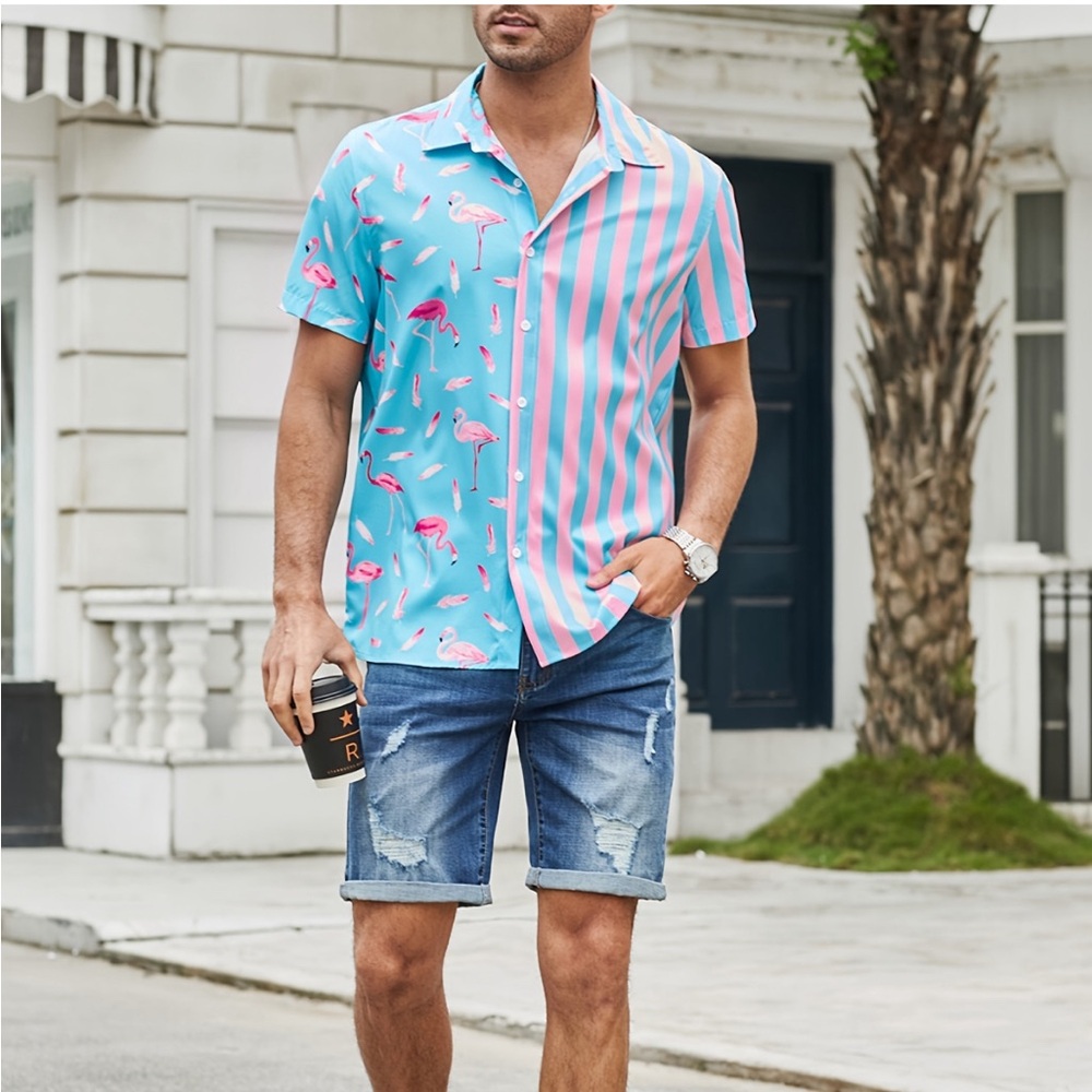 VatPave Button Up Shirt Mens Pink Blue Striped Pink Flamingo Hawaiian Size XL